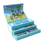 Open art kit showcasing vibrant crayons, sketch pens, and paints