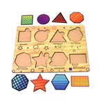 Top-down view of the completed Wooden Triangle Puzzle, showcasing vibrant shapes.