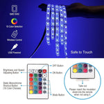 RGB LED strip lights creating a dynamic mood lighting effect behind a TV.