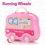 Kids portable kitchen play set opened up for play with a child's hand