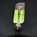 Neatly arranged set of stainless steel dining spoons on display
