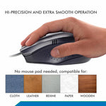 Ergonomic design of the wired optical mouse, showing its comfortable grip for daily use.