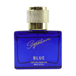 Luxury blue fragrance perfume bottle for men on display