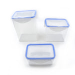 Three different sizes of clear plastic food storage containers stacked neatly.