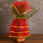 Two-piece tulsi vastra pooja cloth set in vibrant red and gold garment for rituals