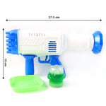A child happily holds the bubble gun during exciting outdoor playtime.