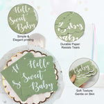 Disposable paper napkin set in mint green with Hello Sweet Baby design for celebrations
