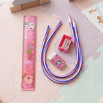 Angle view of kids stationery set highlighting portability and design