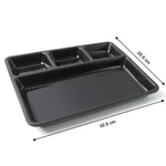 Lightweight and durable plastic rectangular 4-compartment food tray with sections.