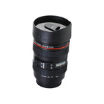 Camera lens shaped coffee mug with lid, perfect for photography enthusiasts.