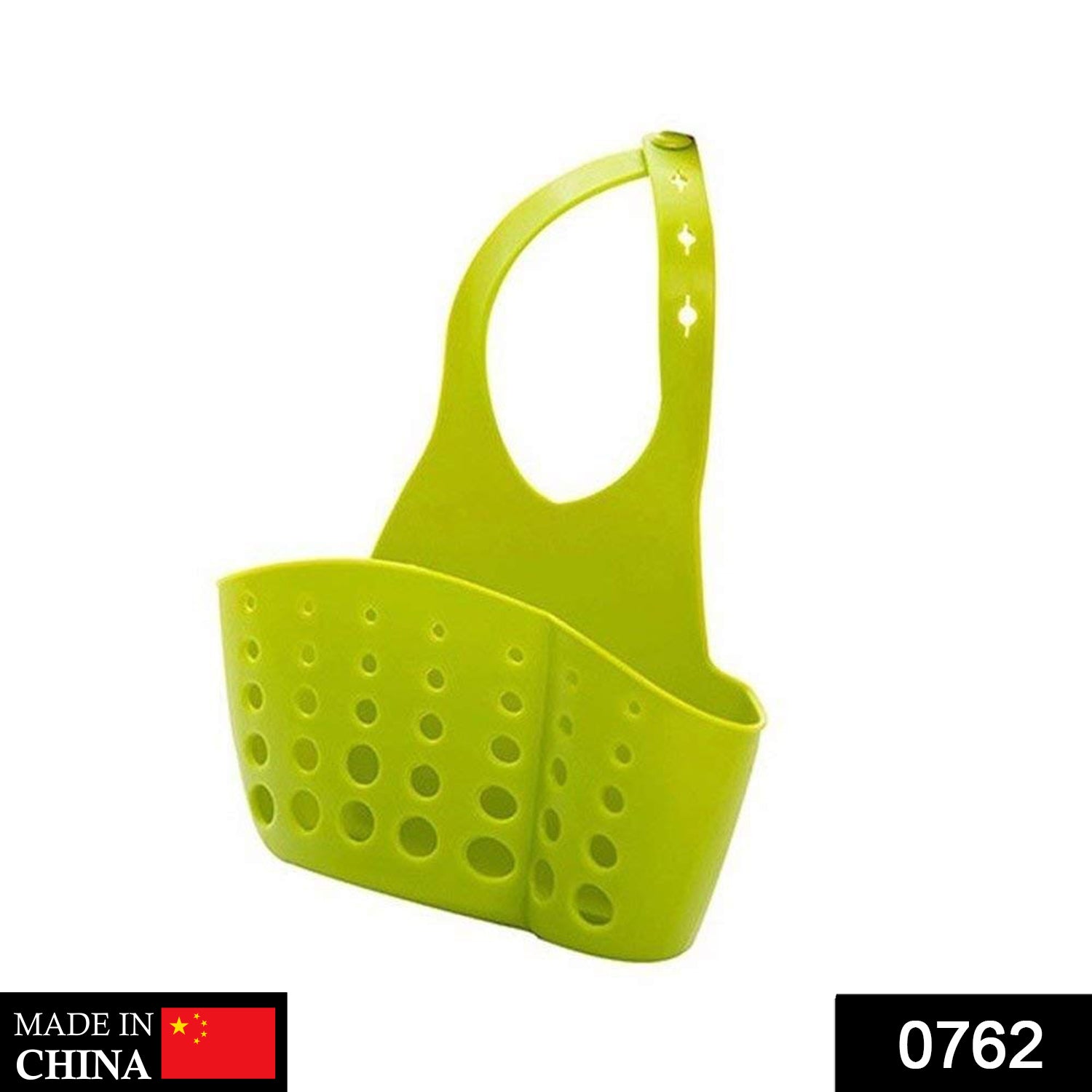 Versatile sink caddy with drainage holes holding a sponge and brush.