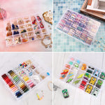 Top-down view of a transparent plastic organizer box with 36 compartments.