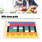 Wooden blocks puzzle set including a helpful shape guide for easy assembly.