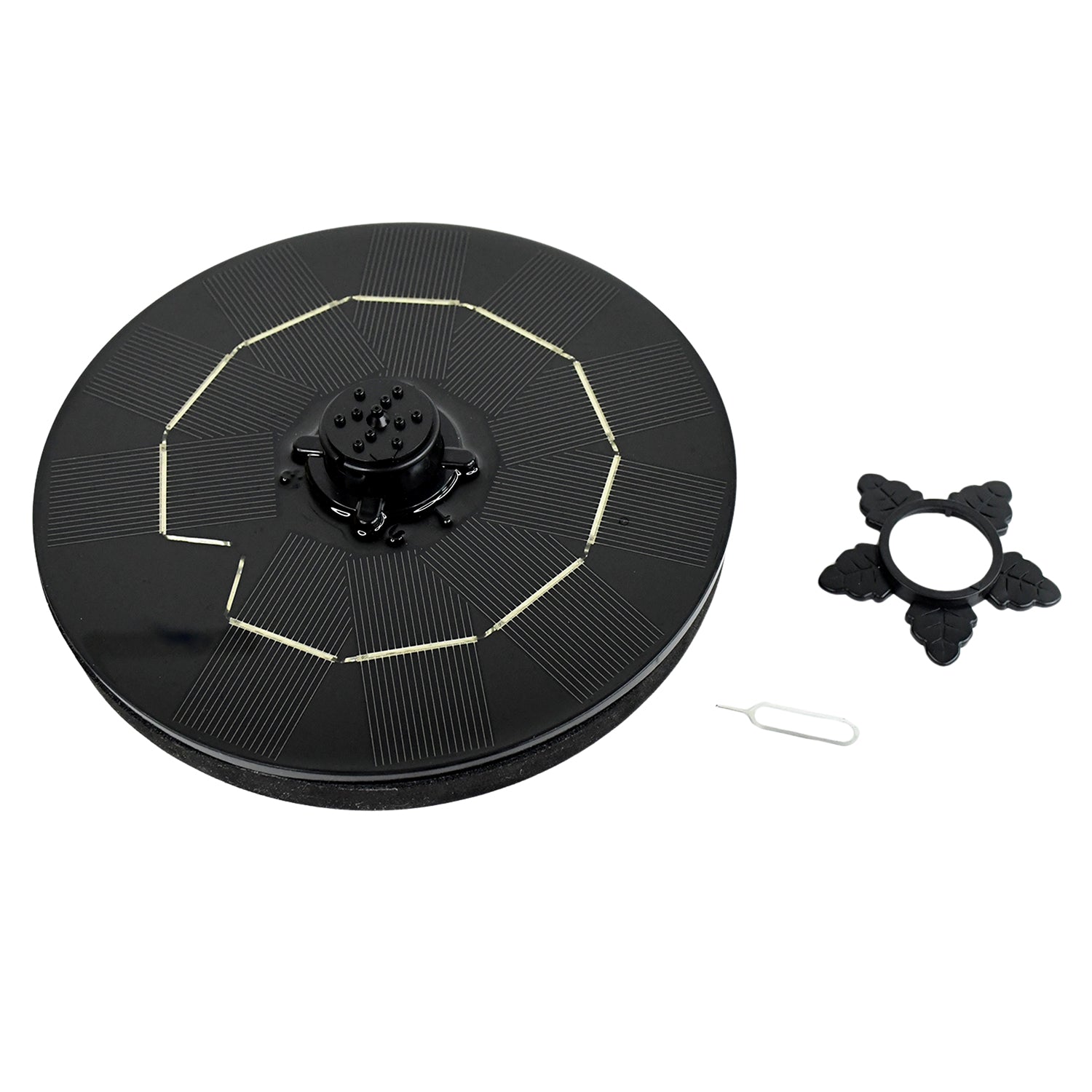 The solar panel and pump mechanism of the floating water fountain, highlighting its compact size.