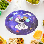 Brightly colored disposable paper plates with 'Festive Fun' motifs for parties.