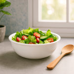 Stackable white plastic serving bowls with deep round shape