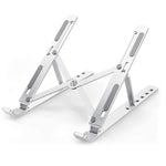 Ergonomic portable laptop stand elevating a laptop on a wooden desk, enhancing workspace.