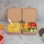 Blue 4-compartment tiffin box with spoon, ideal for school or office use.