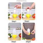 Step-by-step image showing how to correctly place an egg into the Manual Egg Scrambler for mixing.