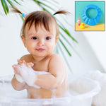 Wide brim of baby shower hat diverting water away from face