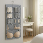Empty hanging under garment organizer showing multiple pocket layout