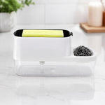 Tidy kitchen sink with dish soap dispenser and sponge holder setup