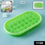 Flexible oval ice cube tray showing lid for secure storage
