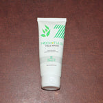 Zequz face wash tube with natural Neem and Tulsi leaves background