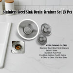 Pack of three stainless steel sink drain strainers neatly arranged