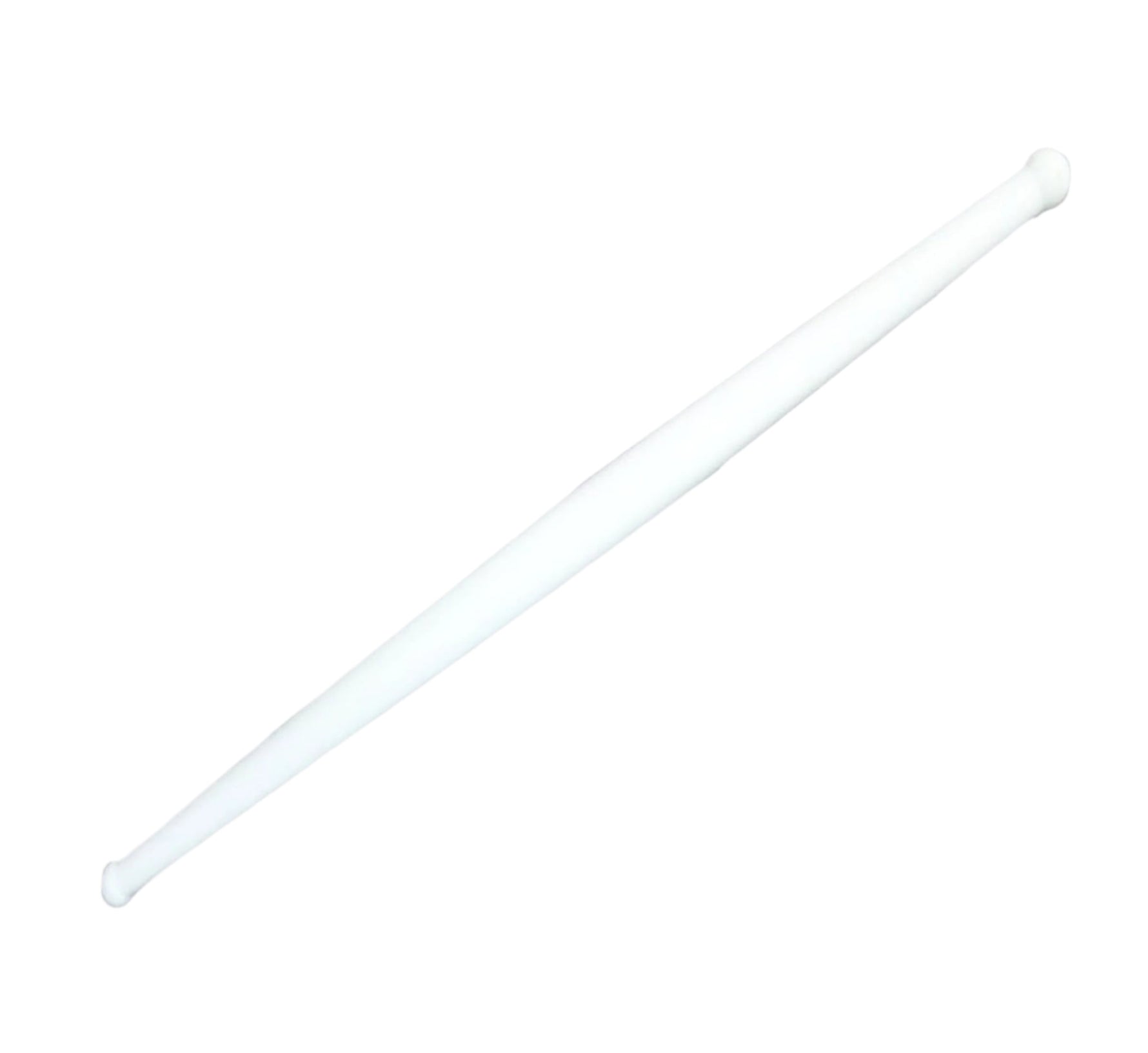 Durable white plastic rolling pin ready for chapati making on a kitchen counter.
