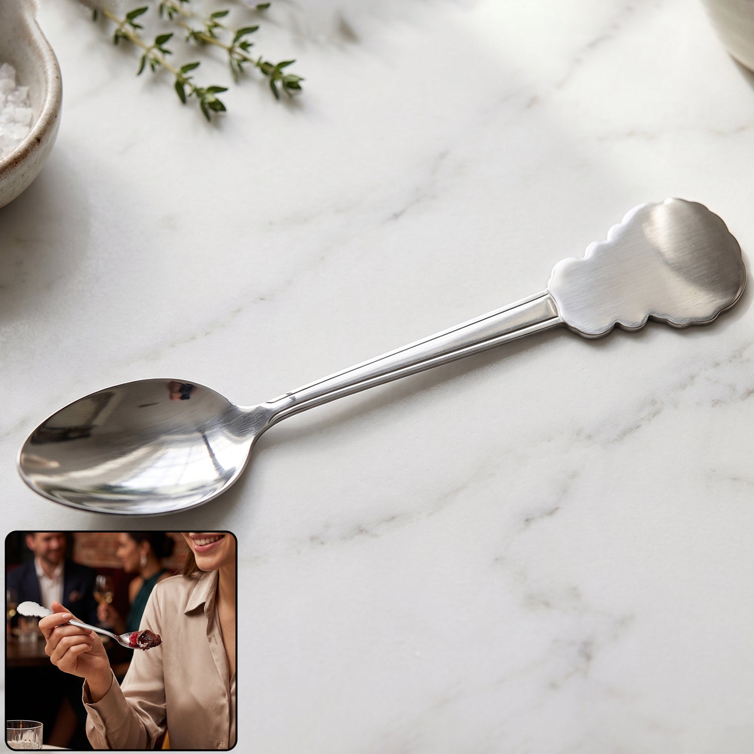 Elegant stainless steel dinner spoon with carved handle for daily dining