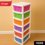 Multi-colored 6-layer storage cabinet with tinted plastic drawer tiers