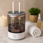 Automatic Makeup Brush Cleaner with multiple brush collars on display.