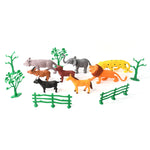 All 14 pieces of Animal Kingdom toy set including animals, trees, and fences
