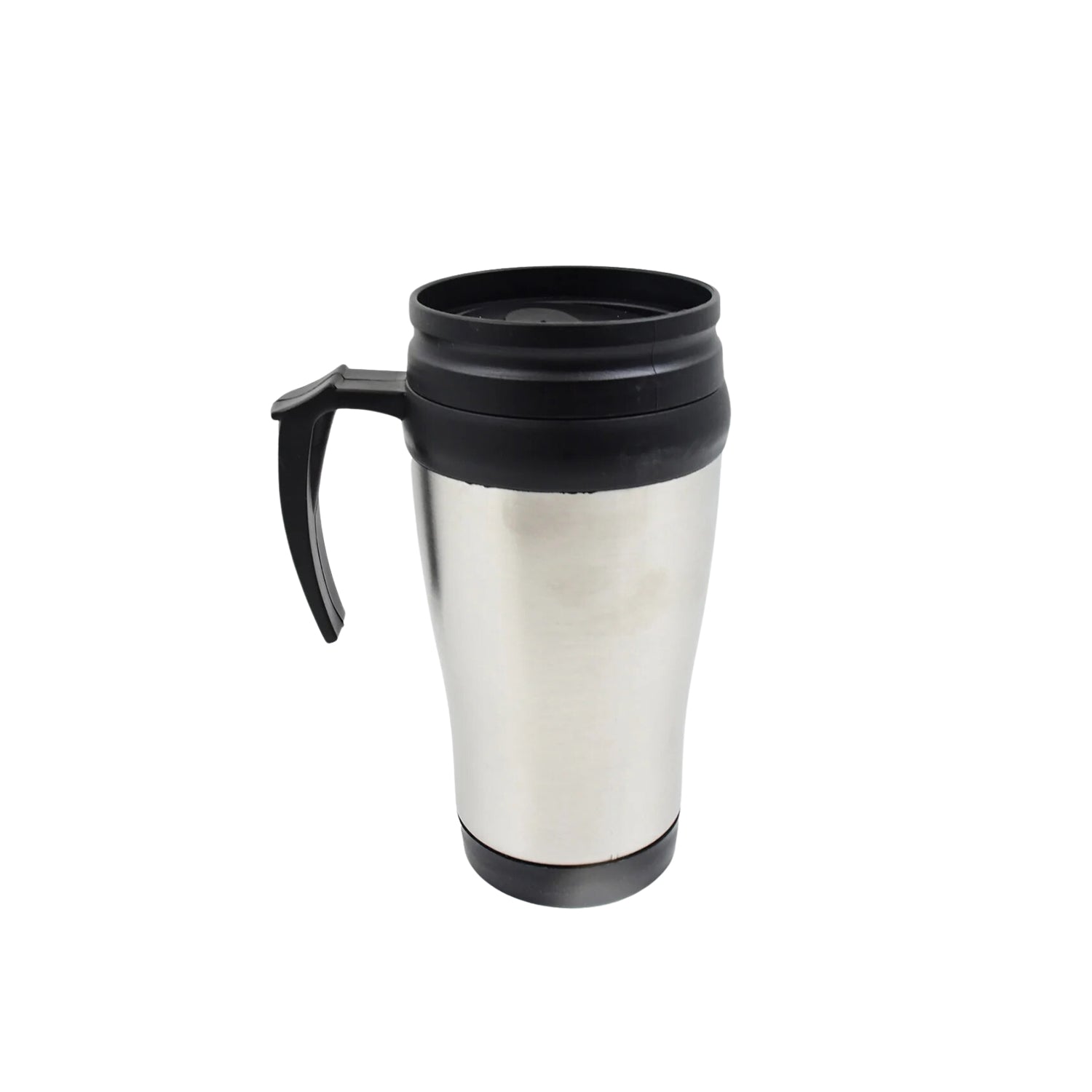 Insulated coffee mug showcasing its secure lid and comfortable handle.