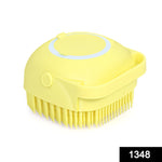 Ergonomic silicone bath brush featuring soft bristles and a shower gel dispenser.