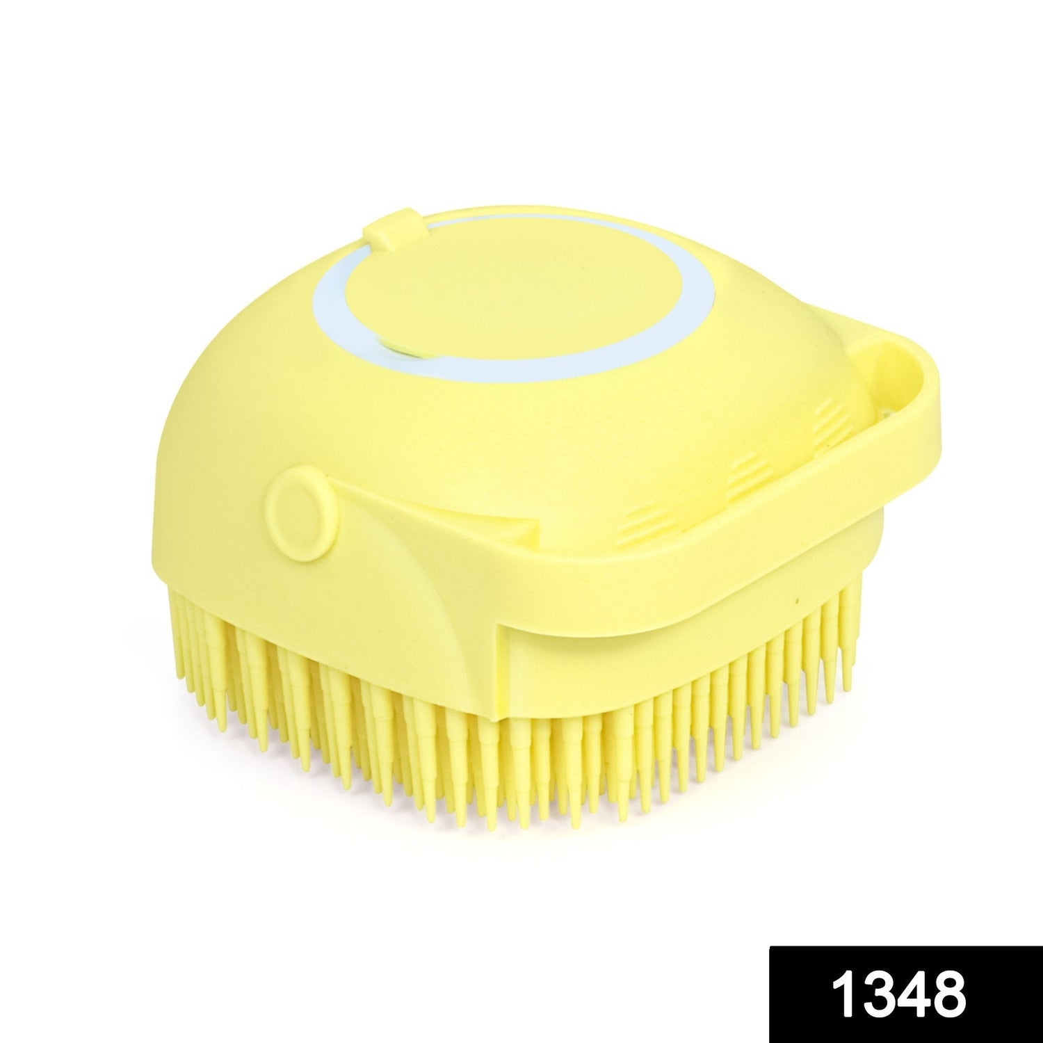 Ergonomic silicone bath brush featuring soft bristles and a shower gel dispenser.