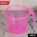 Durable transparent plastic mug with an ergonomic handle, showcasing its 1200ml capacity.