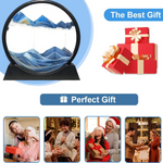 Artistic dynamic sandscape with black and golden grains flowing gracefully within the glass frame.