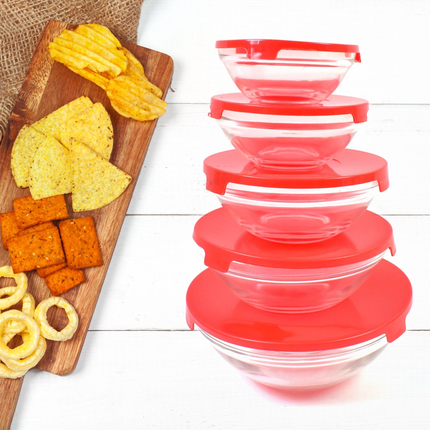 Organivo 5-piece glass bowl set with red lids, showcasing stackable design on a white background.