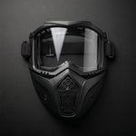 Full view of protective riding goggles with detachable shield in black