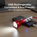 USB rechargeable LED torchlight demonstrating its charging port.