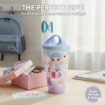 Close-up of the Unicorn Kids Water Bottle's spill-proof straw and easy-to-use lid.