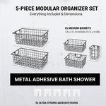Set of five adhesive metal shower caddies easy to install without drilling