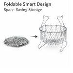 Foldable chef basket showcasing different configurations for washing, frying, and steaming.