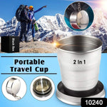 Compact stainless steel folding cup, highlighting its portability for outdoor activities.