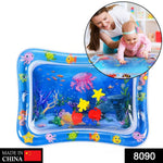 Top-down view of a vibrant Baby Water Mat, showing various floating sea animal toys for sensory play.