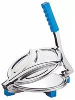 Compact stainless steel puri press with a strong lever mechanism for easy flattening.