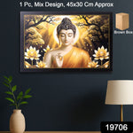 Close-up of Lord Buddha wall art framed in sturdy wooden frame for spiritual home decor