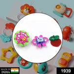 Vibrant three-piece baby rattle toy set showcasing different textures for engaging infant play.